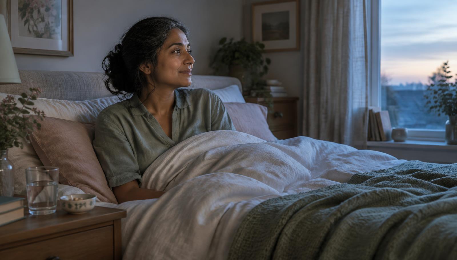 A South Asian woman in her forties sitting quietly in bed in the soft blue light before dawn