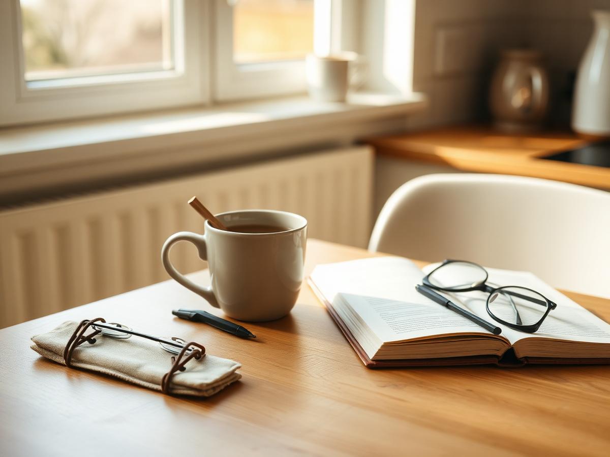 A sunlit kitchen table with tea, an open book and reading glasses