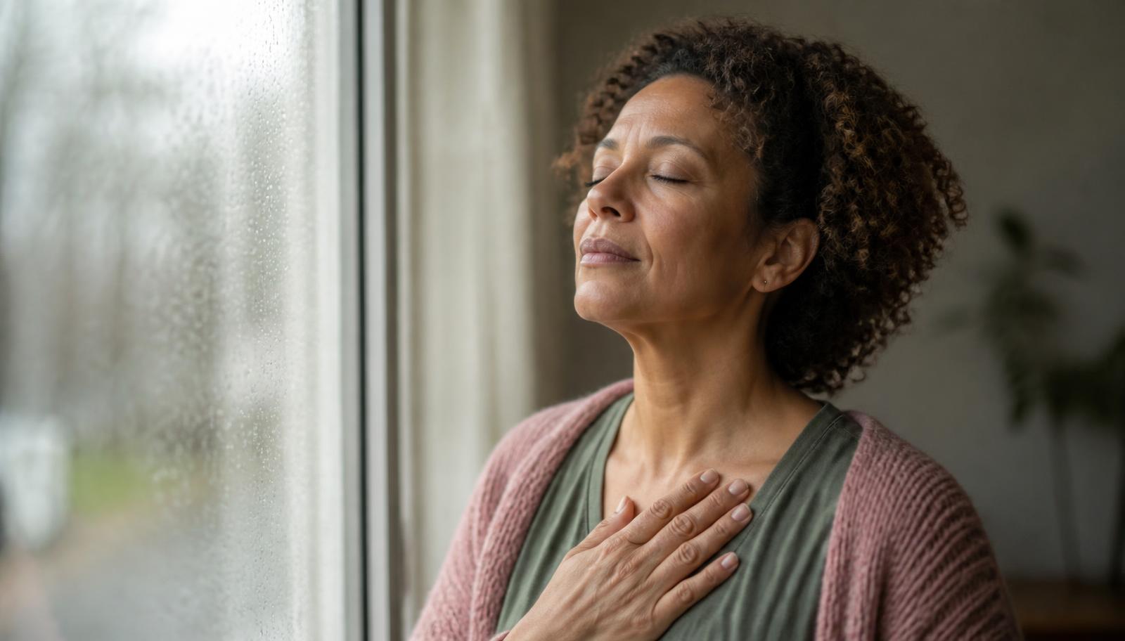 A mixed-race woman in her forties breathing slowly beside a rain-flecked window, hand on her chest