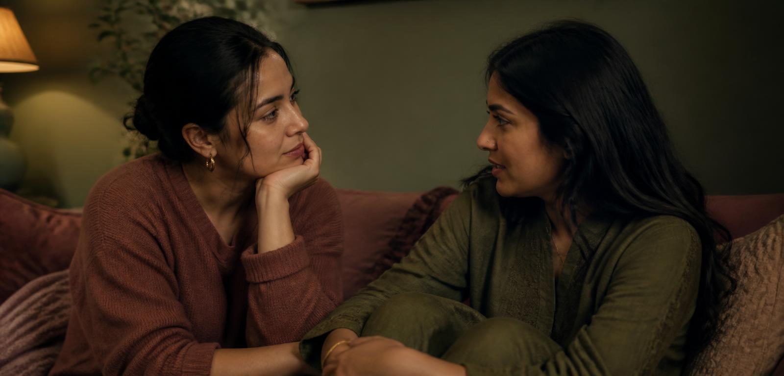Two women in warm conversation on a sofa, one listening closely to the other