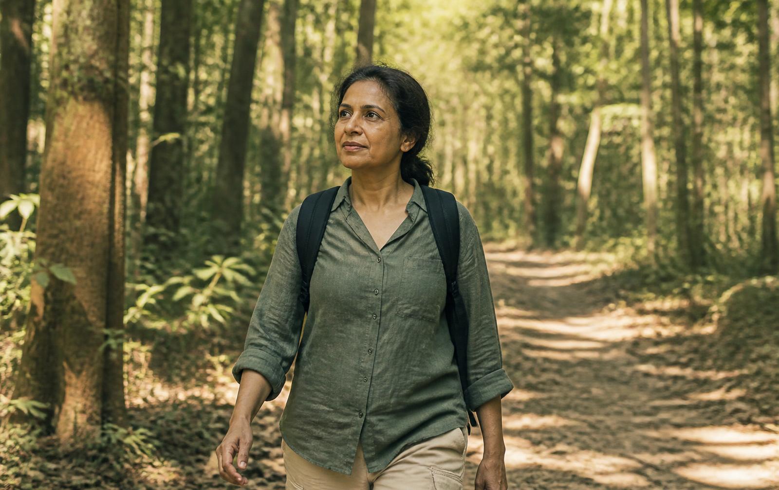 A South Asian woman walking on a sun-dappled woodland trail