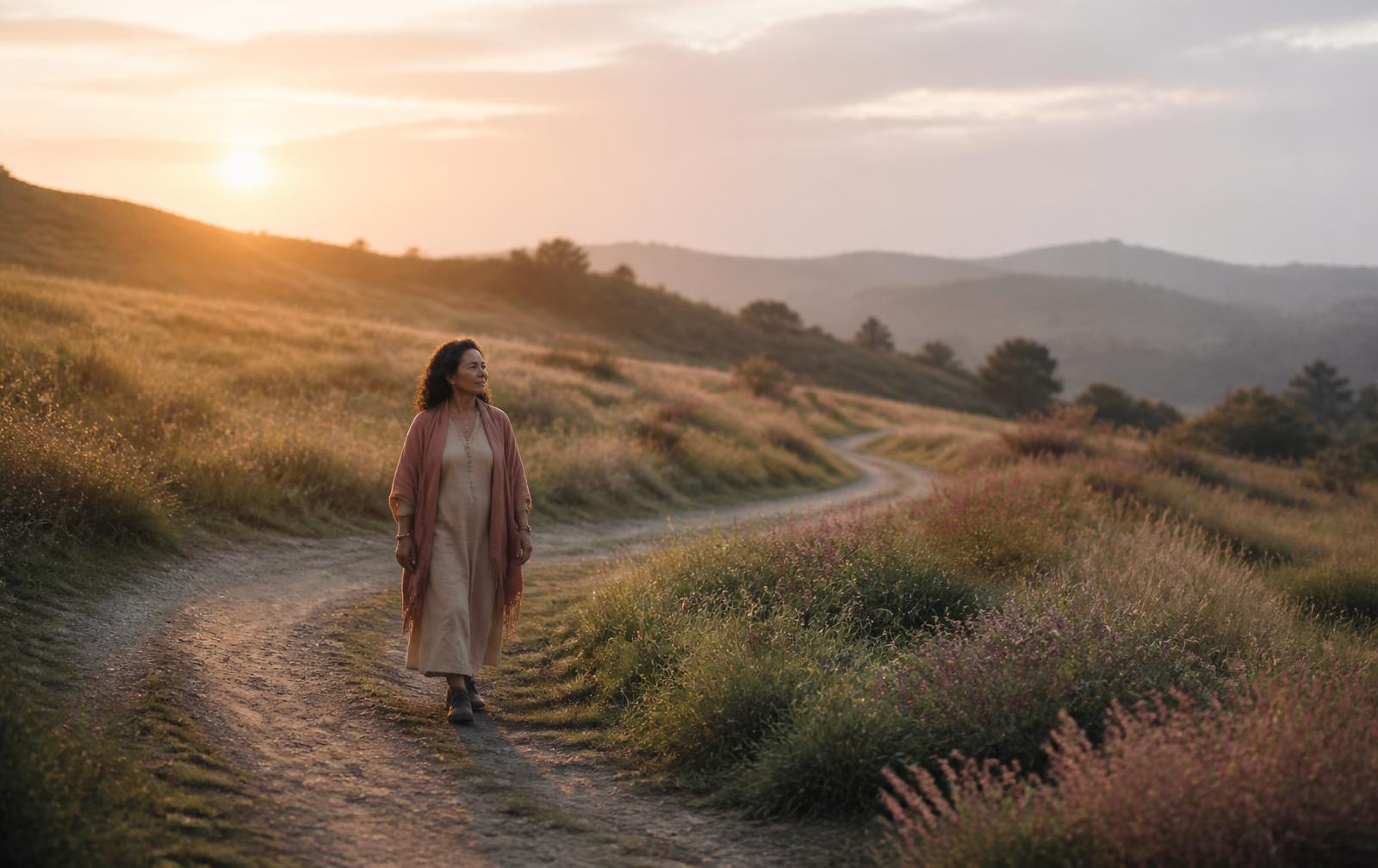 A Latina woman walking a winding meadow path at sunrise