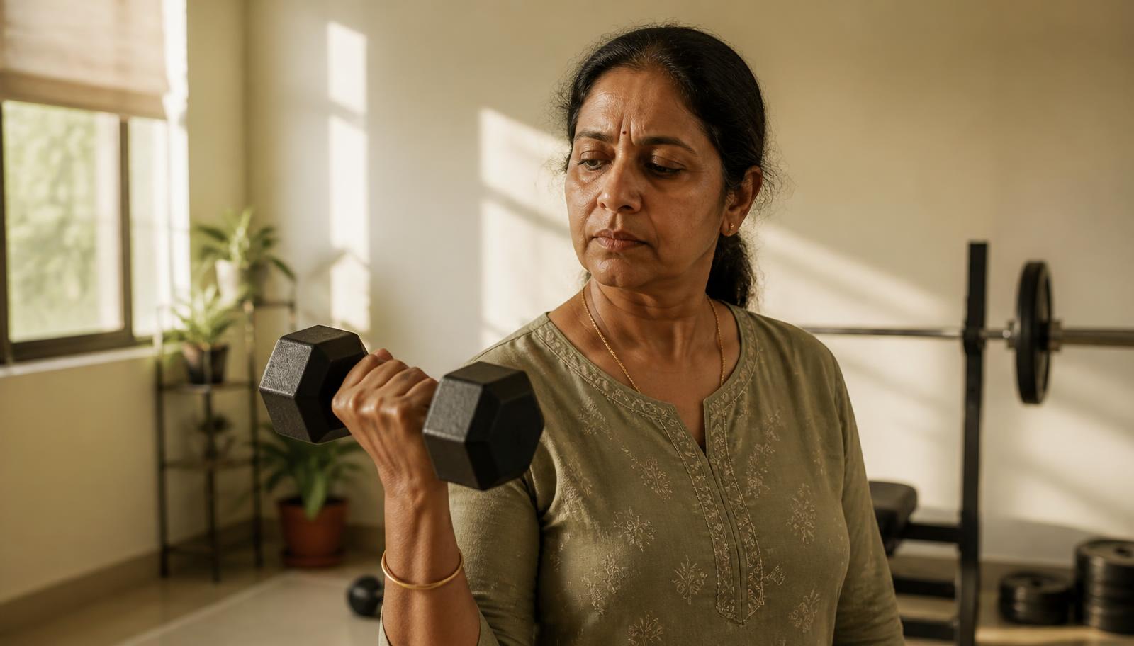 A South Asian woman in her fifties lifting a dumbbell in a sunlit home gym corner